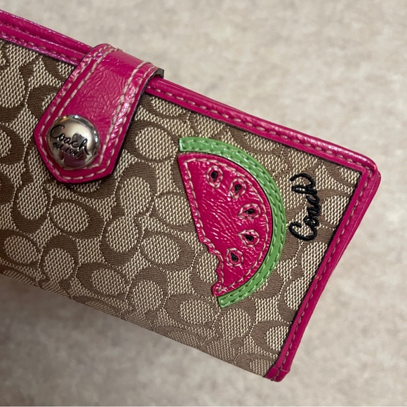 Coach Watermelon Signature Canvas Long Snap Wallet Pink Trim *read* Rare - Picture 6 of 15